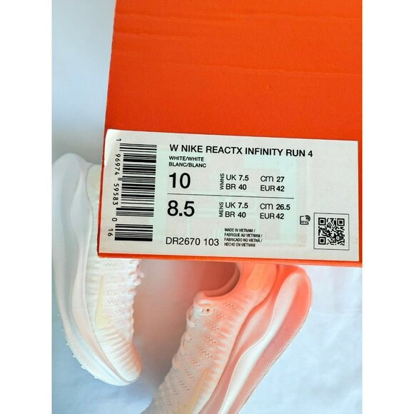 * 10 WOMEN'S NIKE REACTX INFINITY RUN 4 TRIPLE WHITE RUNNING SNEAKERS DR2670-103 - Picture 9 of 9